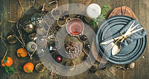 Christmas or New Years eve holiday table setting, top view