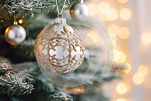 Christmas New Years greeting card banner with golden decorative ball hanging on snow covered fir tree branch