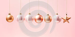 Christmas New Years greeting card banner with ornament balls hanging on chain on pink background. Template