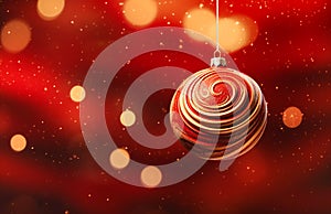 Christmas New Years greeting card banner with red ornament balls hanging on crimson background. Template with copy space