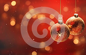 Christmas New Years greeting card banner with red ornament balls hanging on crimson background. Template with copy space