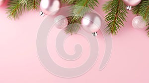 Christmas New Years greeting card banner with silver and pink ornament balls green fir tree branches on pastel background.