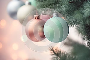 Christmas New Years greeting card banner with turquoise and pink ornaments balls hanging on fir tree branches