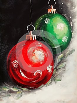 Christmas New Years greeting card with hanging red and green Christmas tree ornaments balls. Vintage style illustration. Template