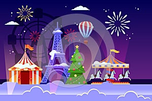 Christmas and New Years holiday in Paris. Vector flat illustration of Eiffel tower, Christmas tree and amusement park
