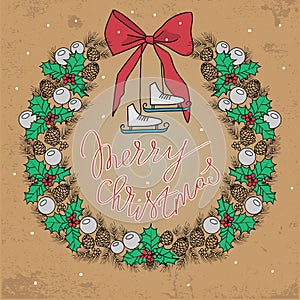 Christmas and New years holidays vector hand drawn illustration. Wreath in retro style