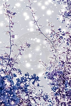 Christmas, New Years purple floral nature background, holiday card design, flower tree and snow glitter as winter season sale