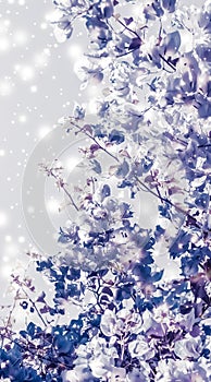 Christmas, New Years purple floral nature background, holiday card design, flower tree and snow glitter as winter season sale
