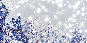 Christmas, New Years purple floral nature background, holiday card design, flower tree and snow glitter as winter season sale