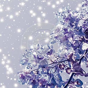 Christmas, New Years purple floral nature background, holiday card design, flower tree and snow glitter as winter season sale