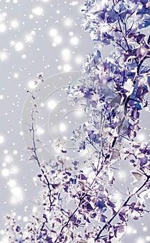 Christmas, New Years purple floral nature background, holiday card design, flower tree and snow glitter as winter season sale