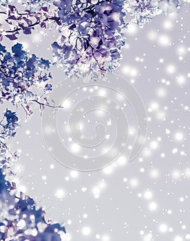 Christmas, New Years purple floral nature background, holiday card design, flower tree and snow glitter as winter season sale