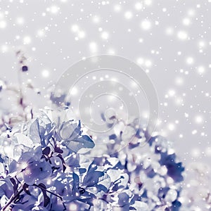 Christmas, New Years purple floral nature background, holiday card design, flower tree and snow glitter as winter season sale