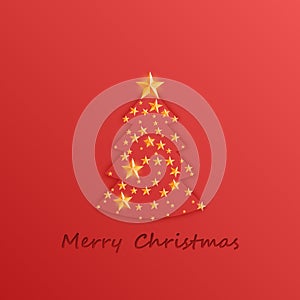 Christmas and New Years red background with Christmas Tree made of cutout paper stars