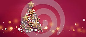 Christmas and New Years red background with Christmas Tree made of golden and wooden stars.