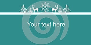 Christmas New Years Web Banner Poster. White Silhouettes Deers Fir Trees Snow Flake. Border Copy Space for Text. Sale Announcement