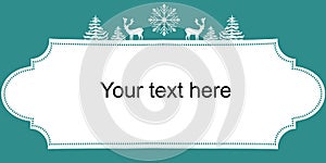 Christmas New Years Web Banner Poster. White Silhouettes Deers Fir Trees Snow Flake. Vintage Frame. Copy Space for Text.