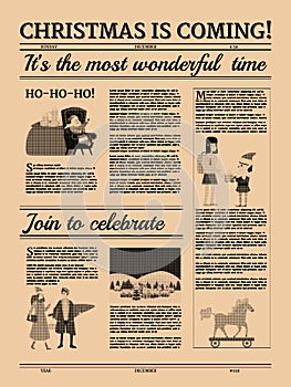Christmas newspaper poster, old paper retro style. Greering Merrry Christmas and Happy new Year. Vector illustration