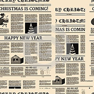 Christmas newspaper Seamless background pattern. Old paper retro style. Vector illustration decoration design