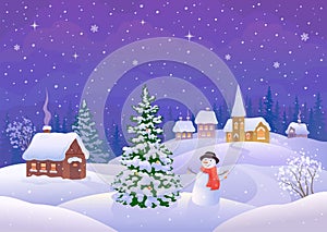 Christmas night cute snowman in a snowy village