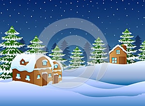 Christmas night with a fir tree and snowy houses