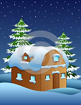 Christmas night with a fir tree and snowy houses