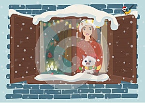 On Christmas night a girl and her cat looks up at the sky out of the window, waiting for Santa Claus. The interior of the house is