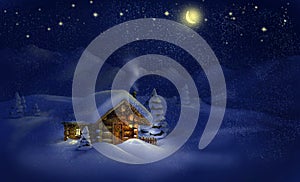 Christmas night landscape - hut, snow, pine trees, Moon and stars