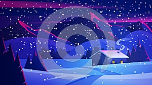 Night Christmas landscape with mountains and a lonely hut. Christmas eve Landscape. ÃÂ¡ozy house in winter forest. Vector of winter