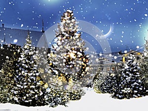 Christmas night moon on sky Snowy   festive city marketplace fluffy snowflakes festive decoration illumination medieval city Tall