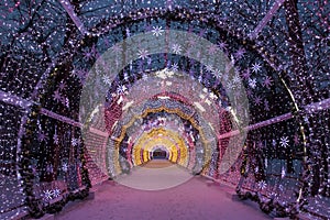 Christmas night Moscow. The light tunnel on Tverskoy Boulevard