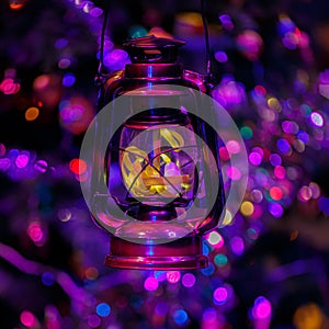Christmas night. Old kerosene lantern. Bright blurred beautiful background with colored bokeh. Soft focus. Toned image.