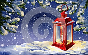 Christmas night, red vintage lantern with a burning candle on winter background, Decorative Christmas ornament, art
