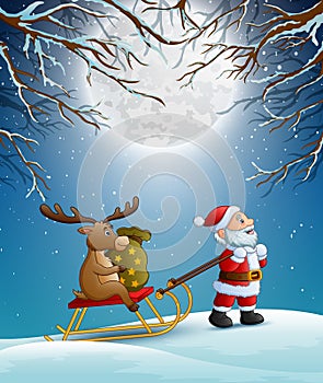 Christmas night with santa claus pulling reindeer on a sleigh with sack of gifts