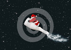 Christmas night scene with Santa Claus flying on champagne bottle rocket on black sky background