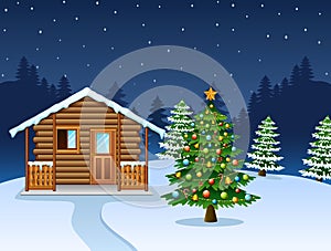 Christmas night scene with a snowy wooden house and decorated fir tree