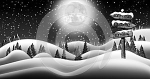 Christmas Night and snow Fields with Directional Sign Leading To Elf Village, North Pole and Santas House 3D illustration