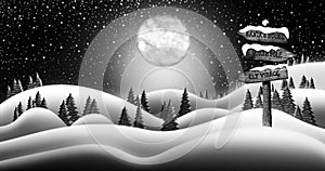 Christmas Night and the Snow Fields with Directional Sign Leading To Elf Village, North Pole and Santas house 3D illustration