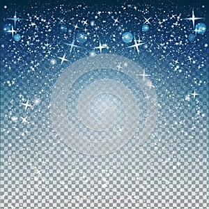 Christmas night. Snowfall sparkle abstract background with snowflakes and stars on dark blue. Winter shiny snow design template.