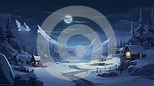 Christmas Night in Village. Snow Man, Ice Mountain, Snow Houses.Concept Art Scenery.