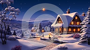 Christmas Night in Village. Snow Man, Ice Mountain, Snow Houses.Concept Art Scenery.