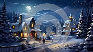 Christmas Night in Village. Snow Man, Ice Mountain, Snow Houses.Concept Art Scenery.