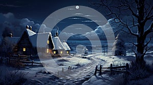 Christmas Night in Village. Snow Man, Ice Mountain, Snow Houses.Concept Art Scenery.