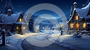Christmas Night in Village. Snow Man, Ice Mountain, Snow Houses.Concept Art Scenery.