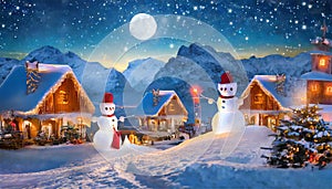 Christmas Night in Village. Snow Man, Ice Mountain, Snow Houses.Concept Art Scenery.