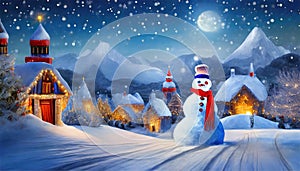 Christmas Night in Village. Snow Man, Ice Mountain, Snow Houses.Concept Art Scenery.