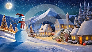 Christmas Night in Village. Snow Man, Ice Mountain, Snow Houses.Concept Art Scenery.