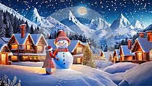 Christmas Night in Village. Snow Man, Ice Mountain, Snow Houses.Concept Art Scenery.