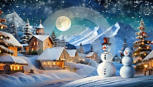 Christmas Night in Village. Snow Man, Ice Mountain, Snow Houses.Concept Art Scenery.