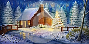 Christmas Night Winter Warm Cabin. Snow land. Fantasy Backdrop.